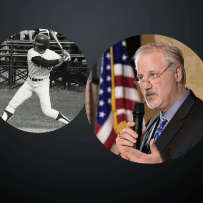 Baseball player in action and a man speaking at a podium with the American flag.