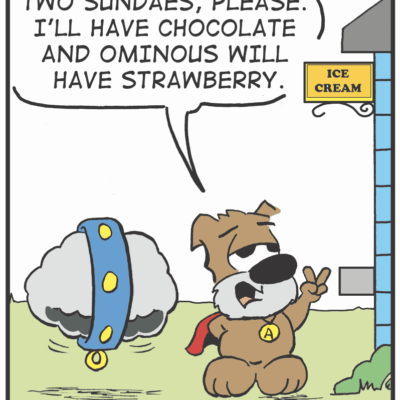 A dog imagines having chocolate and ominous strawberries on sundaes.