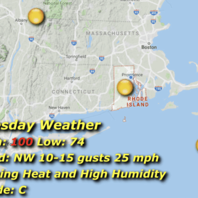 A weather map showing Tuesday's forecast with temperature and wind details.