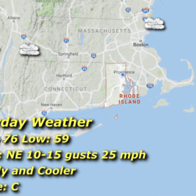 Weather map showing Boston area with clouds and wind conditions.