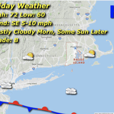 Weather map showing cloudy skies and temperatures in the 70s with light winds.