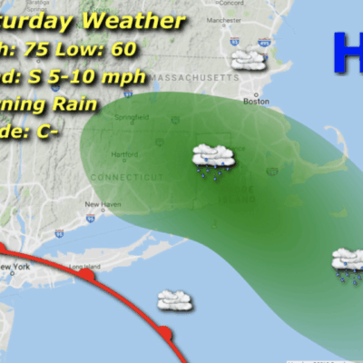 Weather map showing Saturday forecast with rain over Florida and surrounding areas.