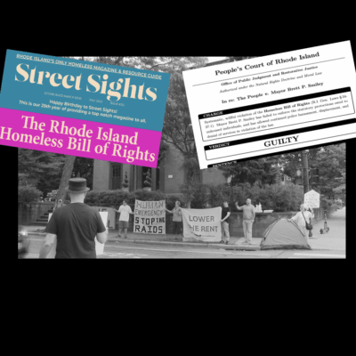 Magazine cover on homelessness with related informational inserts.