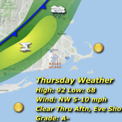 Weather map showing Thursday's high of 92°F and low of 68°F with clear conditions.