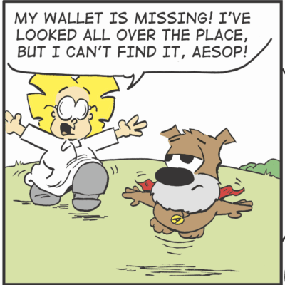 A boy and his dog search for a missing wallet in a yard.