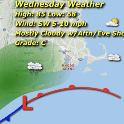 Weather map showing a warm front with a weather forecast.