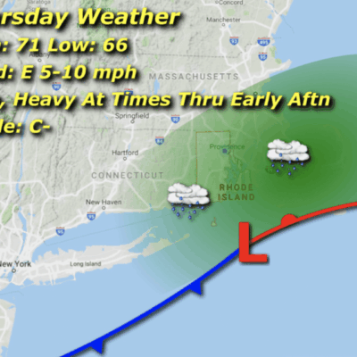 Weather map showing a cold front and low pressure over the northeastern US.