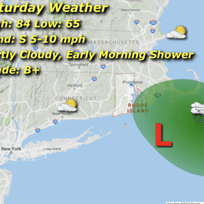 Weather map showing a low-pressure system and coastal forecasts for Saturday with temperatures around mid-60s.