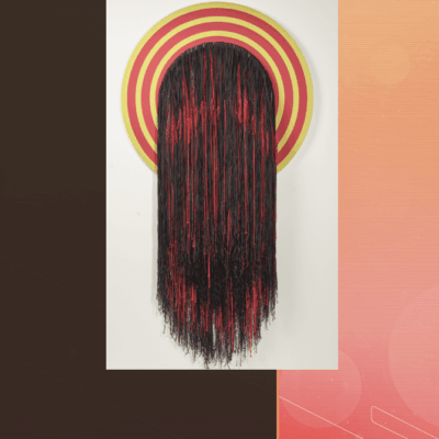 Abstract artwork with cascading red and black lines beneath concentric circles.