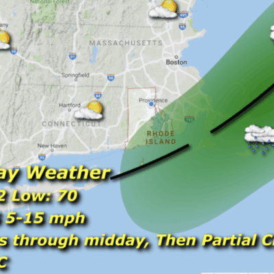 Weather map showing cloudy and rainy conditions in parts of Massachusetts.