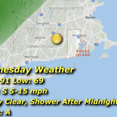 Weather forecast showing temperatures and conditions for a Wednesday in Massachusetts.
