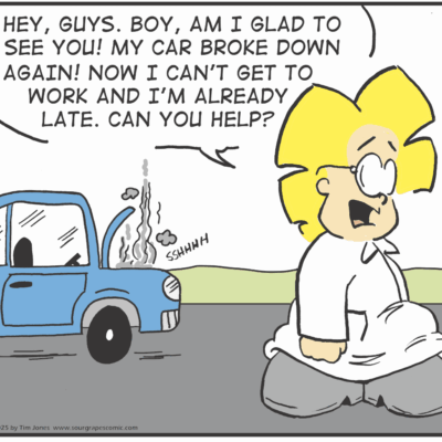 Cartoon man rushing to work, worried about being late, asks for help.