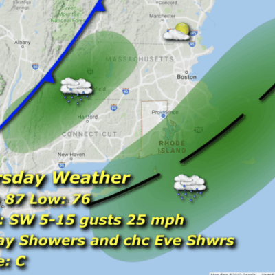 Weather map showing a cold front with rain and wind forecasts for Tuesday.