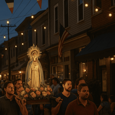 People carrying a religious statue during a nighttime procession on a street.