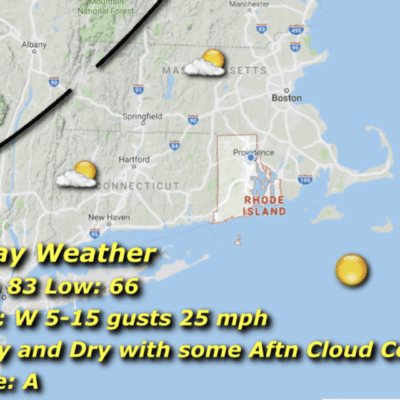 Weather forecast with icons showing sunny and cloudy conditions for Massachusetts.
