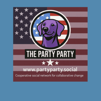 Logo of The Party Party with a purple dog and American flag.