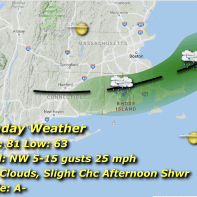 Weather forecast map showing a cold front and weather conditions for Sunday.