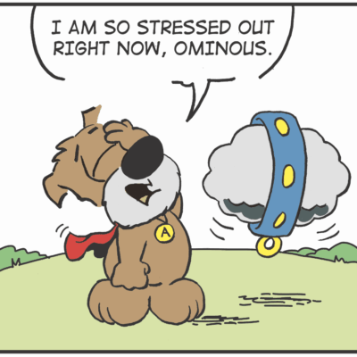 A dog expresses stress while a large collar hovers ominously.