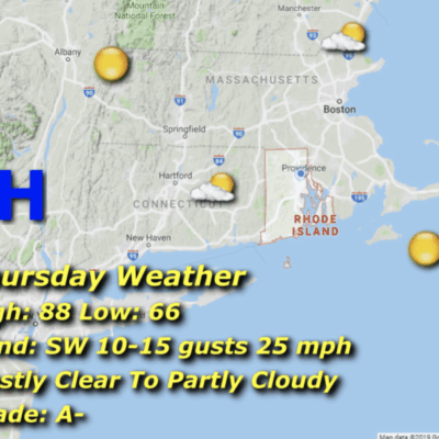 Weather map showing Thursday's forecast for Boston and nearby areas.