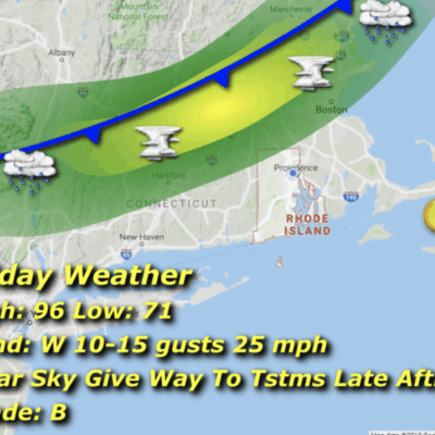 Weather map showing a cold front and forecast details for Rhode Island.