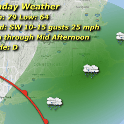 Weather map showing Sunday forecast with temperatures and wind details.
