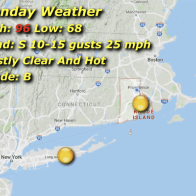 Weather map showing hot and mostly clear conditions with wind gusts up to 25 mph.