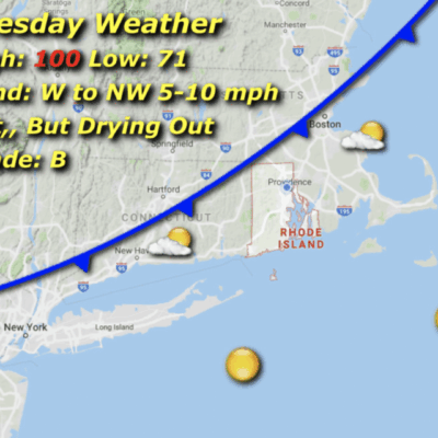 Weather map showing Tuesday's forecast with temperature and wind details.