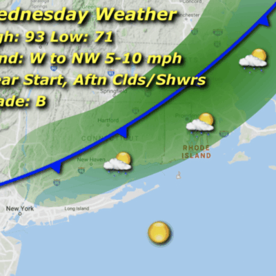 Weather forecast map showing highs, lows, and wind directions for Wednesday.