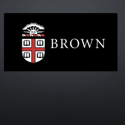 Brown University logo with crest and text on a black background.