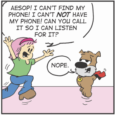 A person asks a dog to call their phone, but the dog refuses.