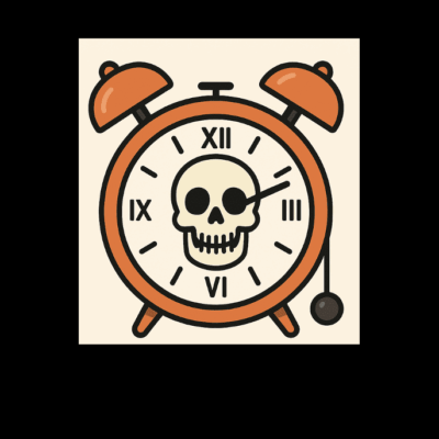 A vintage alarm clock with a skull face on its dial.