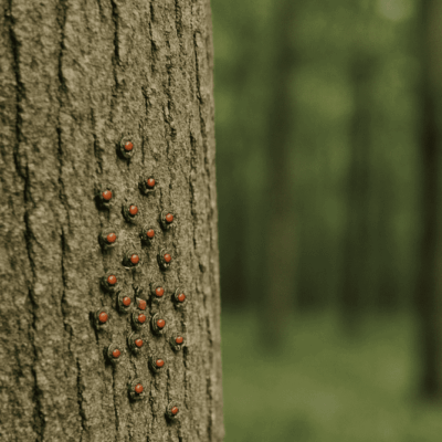 Ladybugs clustered on a tree trunk in a forest.