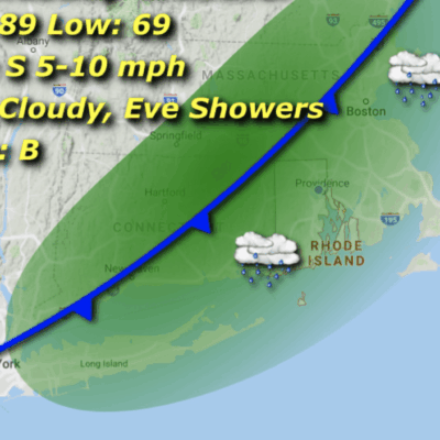 Weather map showing a cold front with cloudy skies and evening showers.