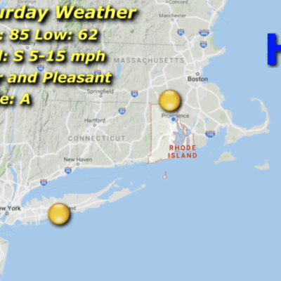Weather map showing sunny conditions over parts of New England with temperatures in the 60s and 70s.