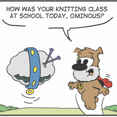 A dog runs away from a flying UFO knitting needles spaceship.