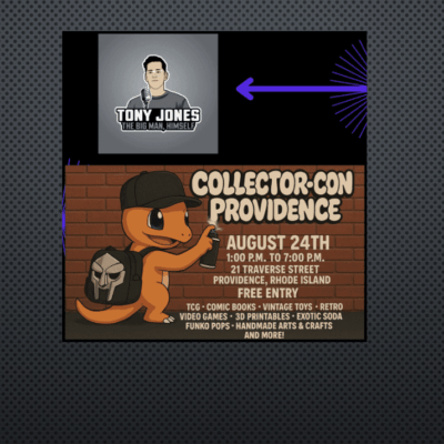 Collector-Con Providence event poster featuring Tony Jones and free entry details.
