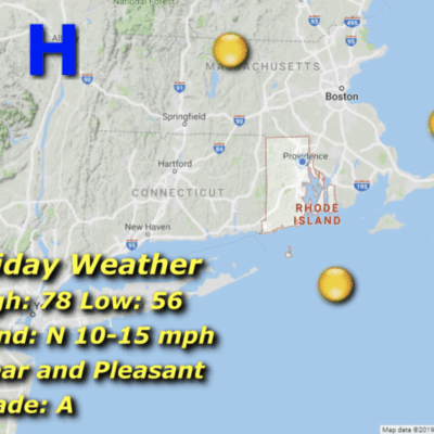 Weather map showing holiday forecast for New England with mild temperatures and light winds.