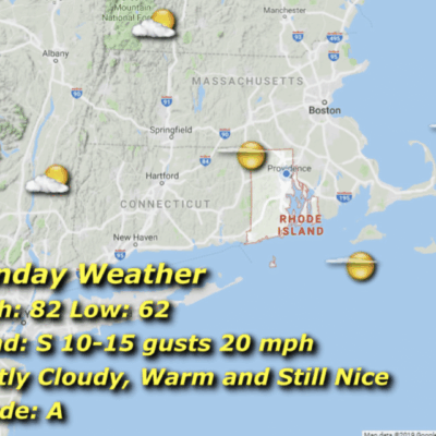 Weather update showing warm, windy conditions in Boston area.