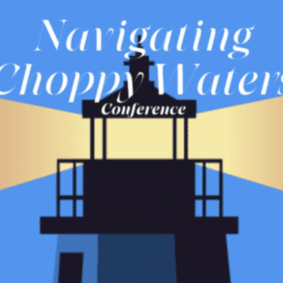 A watchtower silhouetted against a blue sky with conference title text.