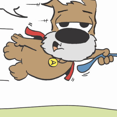 Cartoon dog joyfully flying with a blue leash in its mouth.