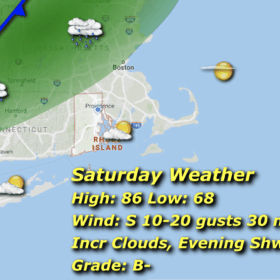 Weather forecast for Saturday with highs of 86°F and evening showers.