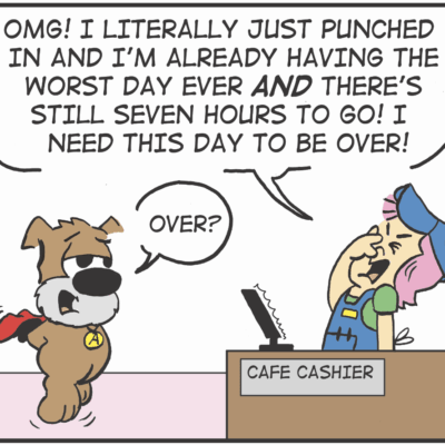 A stressed woman vents about a terrible day to a calm cafe cashier.