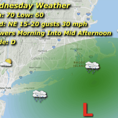 Weather map showing rain and wind conditions for Wednesday.