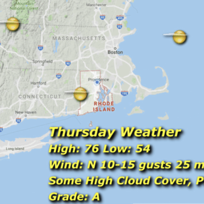 Weather map showing Thursday's forecast with temperatures and wind details.