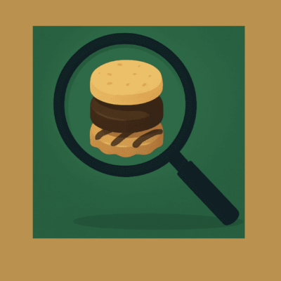 Magnifying glass focusing on a hamburger illustration.