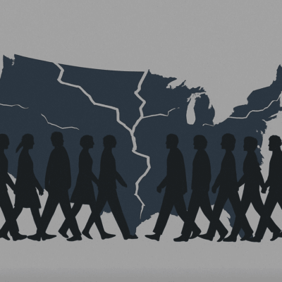 Silhouettes of people walking across a divided map of the United States.