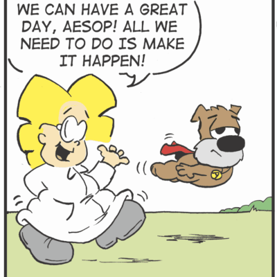 Cartoon character encouraging a dog with enthusiasm.