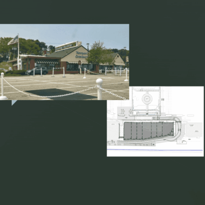 Community park with tennis courts and architectural plans for a pavilion.