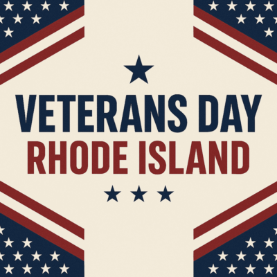 Veterans Day Rhode Island patriotic banner with stars and stripes.