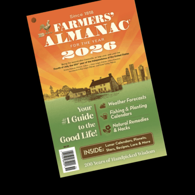 Cover of the 2020 Farmers' Almanac with a scenic farm illustration.